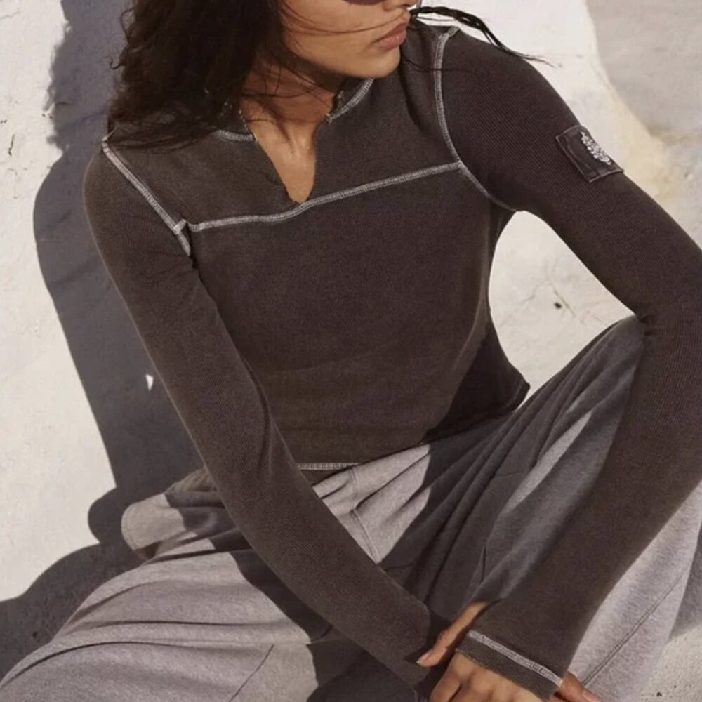 Free People Charcoal Grey Long Sleeve Thermal Top